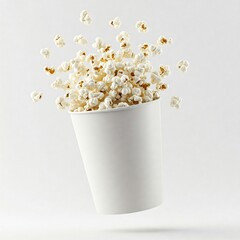 Flying popcorn in a white bucket mockup for home cinema branding and movie theater marketing on white background