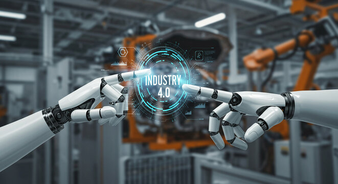 Two robotic arms pointing at industry four point zero interface in a factory setting image business, data