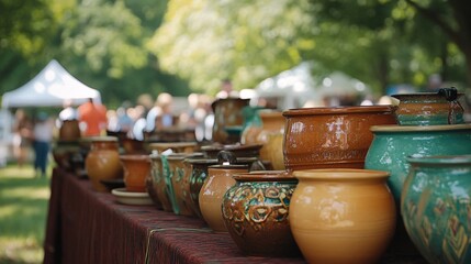Outdoor Arts and Crafts Fair Showcasing Colorful Handmade Pottery and Unique Paintings