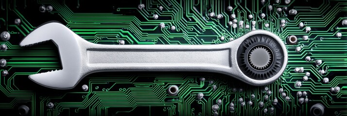 Fototapeta premium Circuit Board Repair - A wrench rests on a green circuit board, symbolizing computer repair, maintenance, or technological solutions