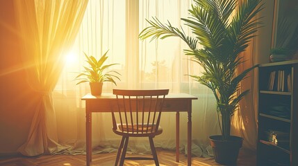 Cozy home office with morning sunlight