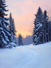 Fototapeta premium Digital painting of a snowy landscape with trees on both sides. the sky is a beautiful orange and pink color, with the sun setting in the background.