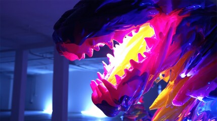 Close-up of vibrant abstract sculpture resembling creature's head with illuminated gaping maw in dim background