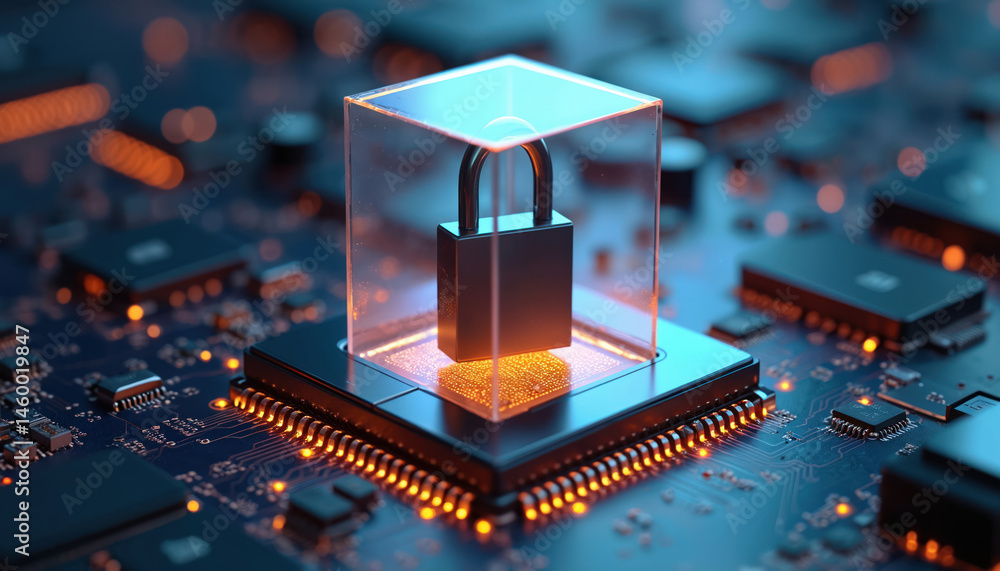 Poster Cyber security concept featuring lock over computer motherboard. Digital data protection, secure online connection. Hardware software protection against cyber crime, hacking, data theft. Digital
