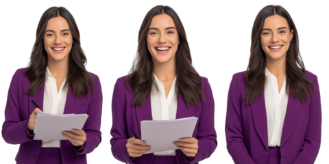 Confident Businesswoman in Purple Suit, Holding Documents and Pen