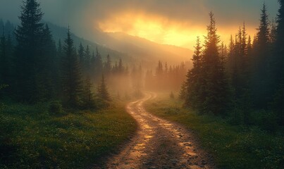 Misty mountain road at sunset, sun rays through fog, trees and winding path