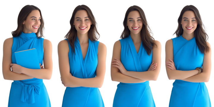 Confident Woman in Blue Dress Four Poses for Versatile Images