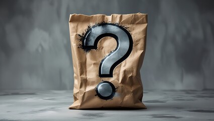 A worn kraft paper bag with a rough silver-gray question mark stands against a moody grayscale gradient, blending texture, mystery, and depth.