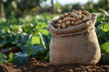 A burlap sack filled with raw peanuts sits on warm, cultivated soil surrounded by greenery, evoking freshness, abundance, and rural charm.
