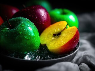 Close-up of wet green and red apples in a dark bowl with water droplets, including a cut apple showing yellow flesh