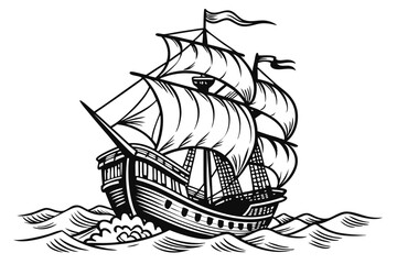51 Detailed black and white illustration, vintage sailing ship, woodcut style, intricate linework, high contrast, nautical theme, waves, single mast, billowing sails, old-fashioned vessel, maritime ar