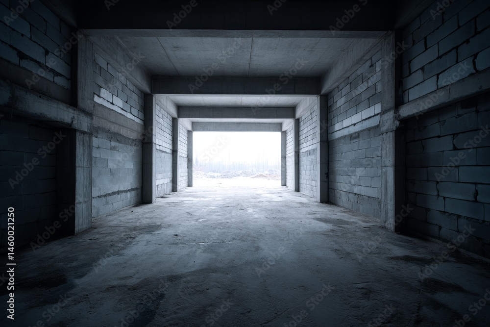 Poster concrete tunnel construction progress - an unfinished concrete tunnel structure, showing progress in