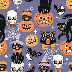 Seamless vector pattern with retro Halloween characters. Hand drawn spooky black cat and Halloween pumpkin illustration. EPS 10 vector file. Perfect for textile, wallpaper or nursery print design.
