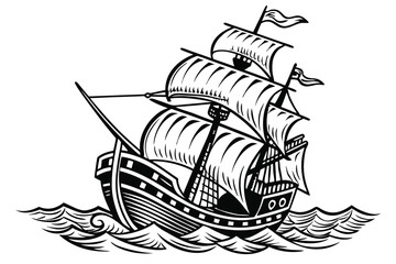 51 Detailed black and white illustration, vintage sailing ship, woodcut style, intricate linework, high contrast, nautical theme, waves, single mast, billowing sails, old-fashioned vessel, maritime ar