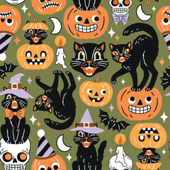 Materiał do szycia Seamless vector pattern with retro Halloween characters. Hand drawn spooky black cat and Halloween pumpkin illustration. EPS 10 vector file. Perfect for textile, wallpaper or nursery print design.