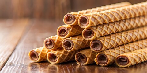 Crispy Wafer Rolls Filled with Sweet Chocolatey Goodness and a Light Crinkle, Stacked High on a Warm Wooden Surface