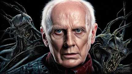 Close-up portrait of elderly man with blue eyes flanked by dark monstrous figures with sharp teeth