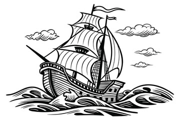 51 Detailed black and white illustration, vintage sailing ship, woodcut style, intricate linework, high contrast, nautical theme, waves, single mast, billowing sails, old-fashioned vessel, maritime ar