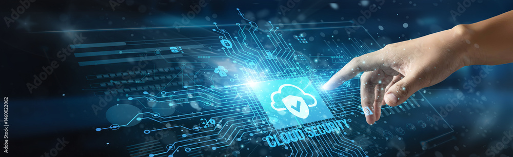 Poster a businessman touches a cloud security icon, representing the protection of data and applications st