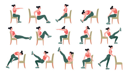Chair stretching exercises set. woman doing fitness and yoga exercises with chair.