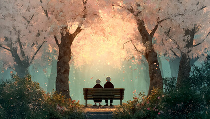 On World Grandparents and Older Persons Day, grandma and grandpa sitting on a park bench surrounded by blooming flowers, an atmosphere of peace and love.