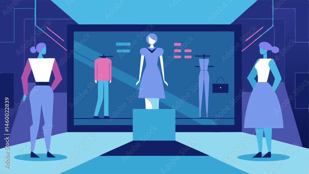 Poster fashion showroom a smart mirror displaying virtual runway shows with fashionable outfits that users 