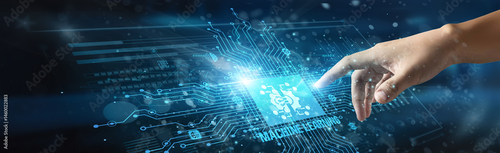 Poster a businessman touches a virtual machine learning icon, symbolizing intelligent systems that learn fr
