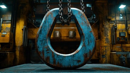 Industrial heavy metal ring suspended by chains in a factory