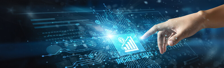 A businessman touches an Increase Sales icon, indicating strategies to boost revenue through improved marketing, customer engagement, product development, pricing, and performance tracking methods.