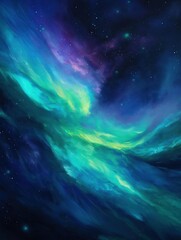Abstract digital art piece that appears to be a night sky filled with stars and galaxies. the background is a deep blue color with a mix of purple, blue, and green hues.