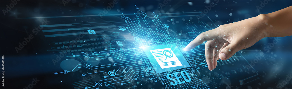 Poster a businessman touches an seo icon, representing the optimization of website content and structure to