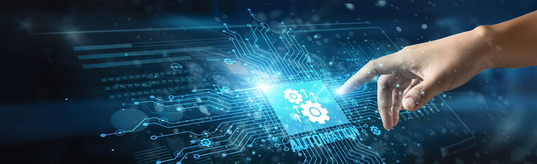 A businessman touching the icon and the word 'Automation' increases efficiency, reduces manual tasks, improves accuracy, enhances productivity, ensures consistent quality, and innovates in industries.