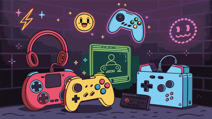 Comic-Style Gaming Elements with Controllers, Joysticks, Speech Bubbles, Power-Ups, and Fun Gamer Icon Set