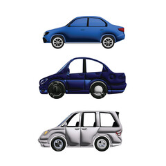 Cartoon Car Illustrations – Side View Blue Sedan, Navy Compact, and Silver Hatchback in Flat Vector Style