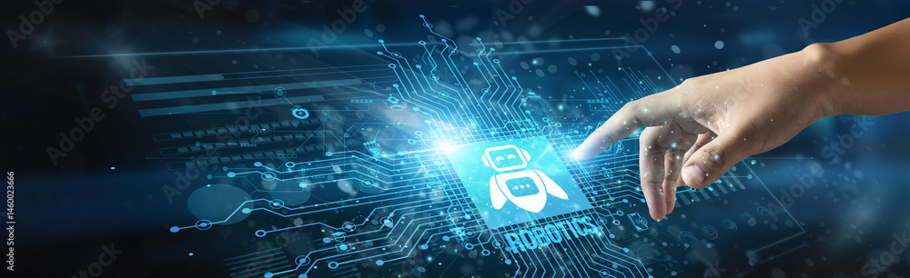 Poster a businessman touching the icon and the word 'robotics' designs intelligent machines, automates comp
