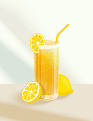 Lemonade with straw and yellow lemons