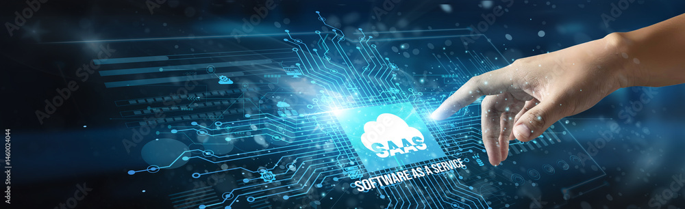 Poster saas. a businessman touches a software as a service icon representing cloud-based software applicati