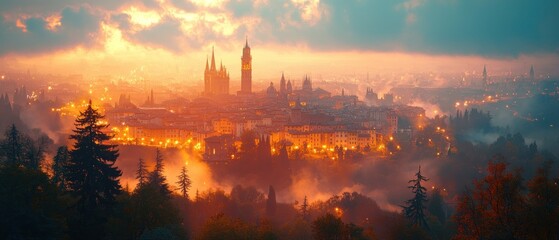 Naklejka premium Misty sunrise over a city, illuminating buildings and trees with warm, golden light