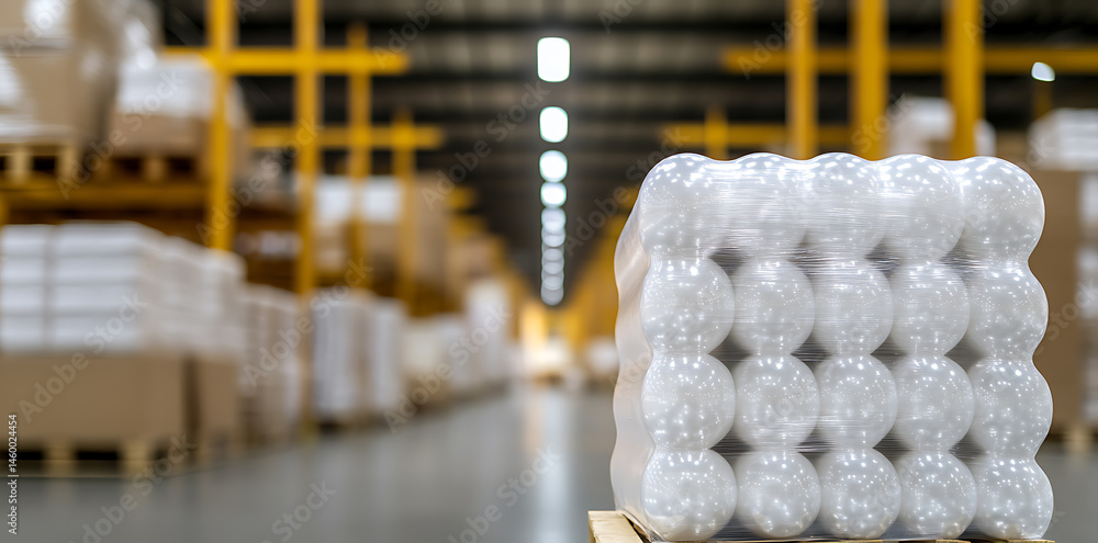 Aufkleber wrapped item on a pallet in a warehouse, ready for delivery or to be transported to another location