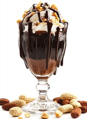 Chocolate peanut dessert in glass.  Rich, decadent, layered dessert featuring chocolate pudding, whipped cream, peanuts, and melted chocolate. Presented in a clear glass bowl
