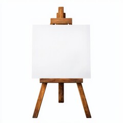 A blank white canvas sits on a wooden easel, ready for painting or drawing, against a plain background.