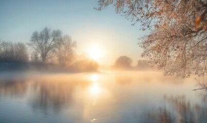 Fototapeta premium Misty sunrise over calm river, reflecting golden light, trees frosted with winter's touch