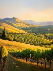Naklejka premium Landscape painting of a vineyard at sunset. the sky is painted in a warm orange and yellow hue, with the sun setting in the background.