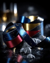 Dark blue and burgundy ribbon rolls with gold flecks on textured surface with gray stones