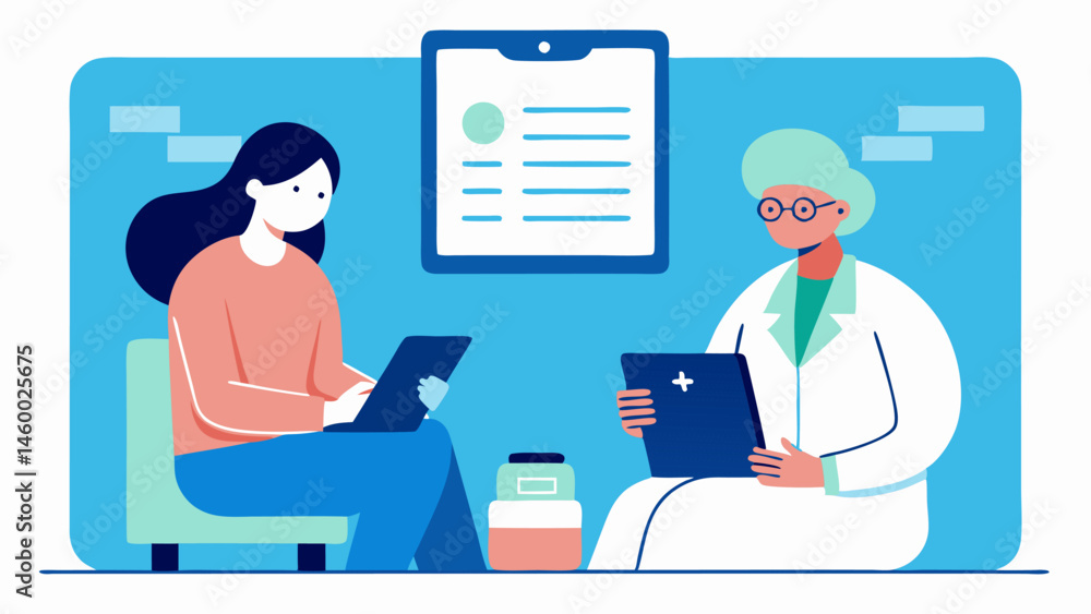 Poster doctorpatient interaction a doctor and patient sitting together with a tablet showing a secure block