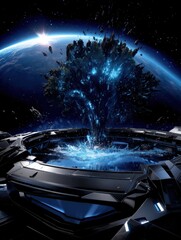 Dark blue-glowing erupting mass from spacecraft component with planet and sun in background