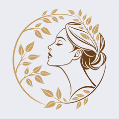 Elegant Woman Face Logo with Floral Circular Wreath for Beauty and Wellness Brand.