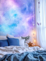 Bedroom with a bed in the center. the bed has white sheets and blue pillows. on the right side of the bed, there is a white curtain with purple stars hanging from it.