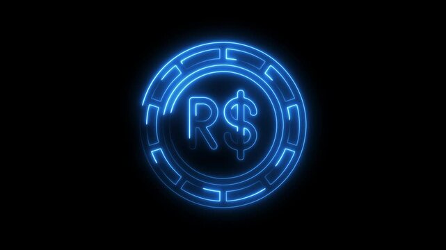 Glowing neon brazilian real currency symbol on black background finance and economy