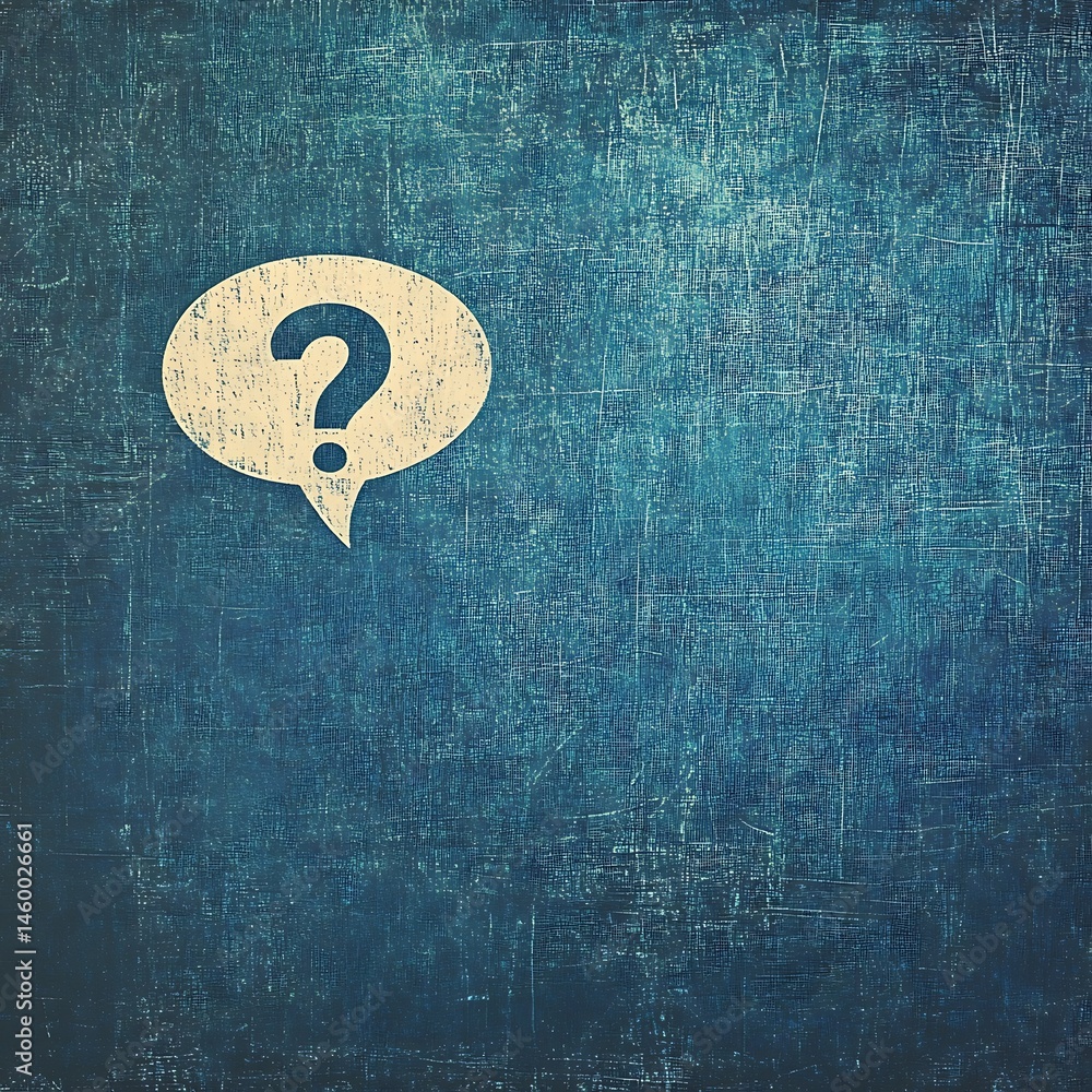 Poster question mark in speech bubble on textured background, abstract visual for inquiry and solution find